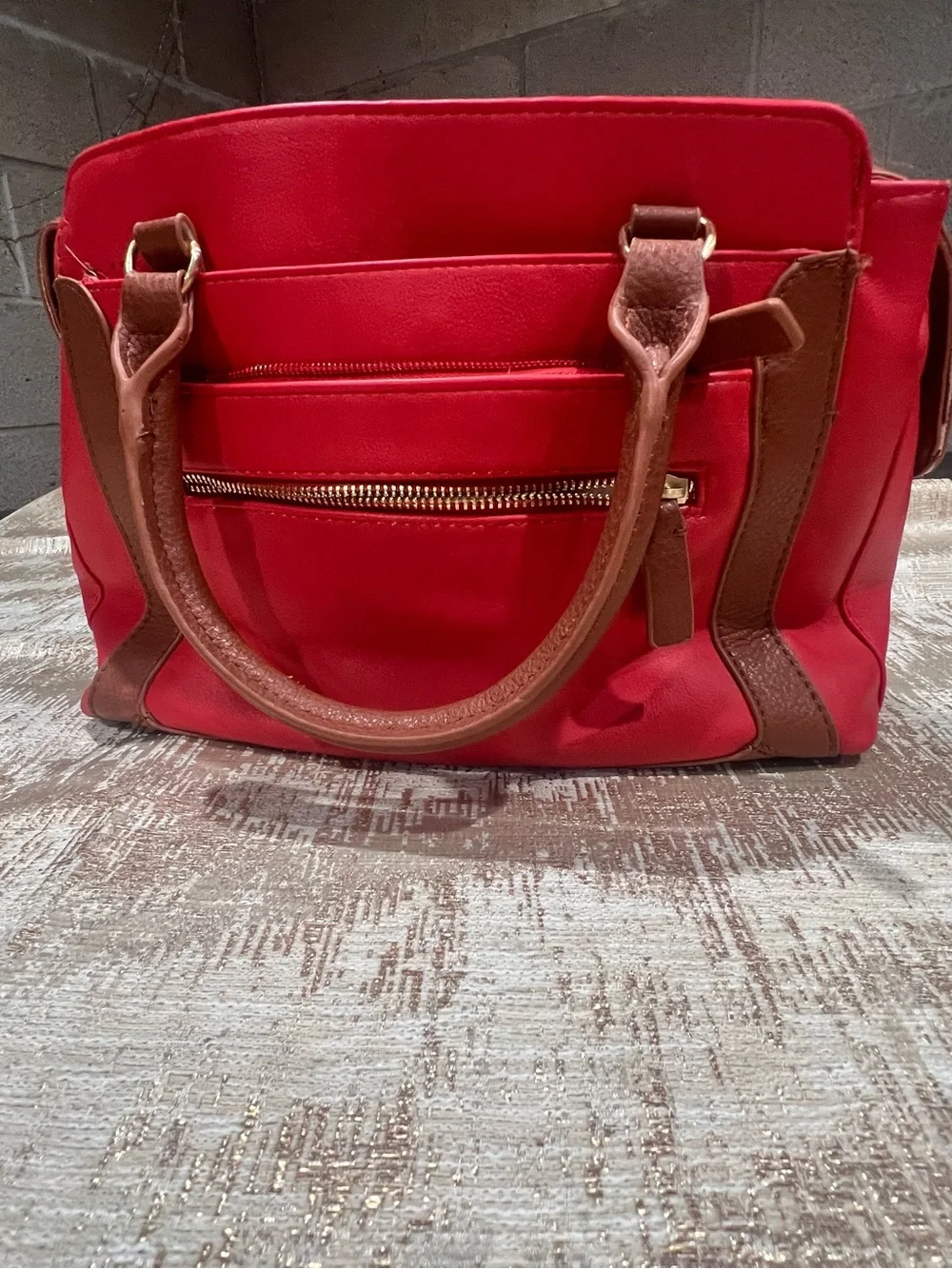 Red Women's Satchel Handbag with Brown Trim
